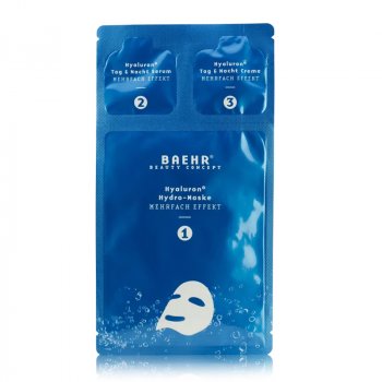 Baehr Beauty Concept Hyaluron+ Vliesmaske, Serum und Creme für feuchtigkeitsarme und reife Haut.