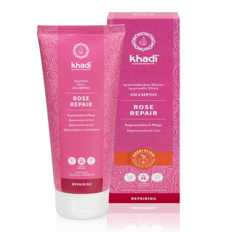 Das Khadi Ayurvedic Shampoo Rose Hair Repair - Regeneration & Pflege - bei trockenem Haar und strapazierter Kopfhaut.  Mit einem Duft von ätherischem Neroli-Öl mit leichtem Zitrus-Aroma.
